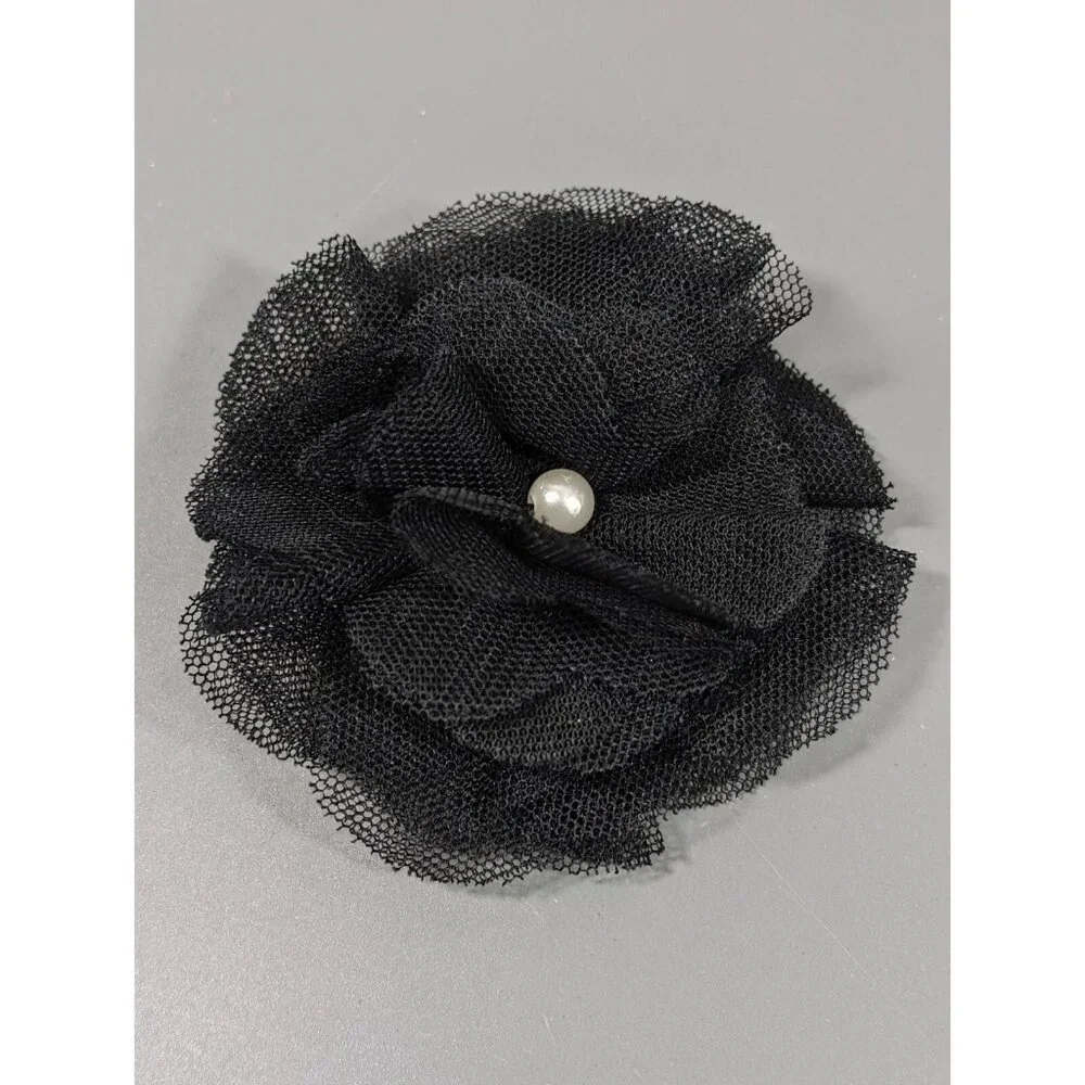 Vintage 90s Y2K Retro Black Lace‎ Rosette Flower Chiffon Faux Pearl Pin Fabric
